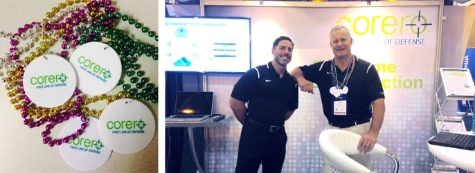 Collage of Mardi Gras beads with the Corero logo and employees at the booth Collage of Mardi Gras beads with the Corero logo and employees at the booth