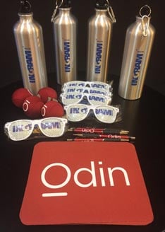 Ingram Micro and Odin water bottles, sunglasses, and mouse pad
