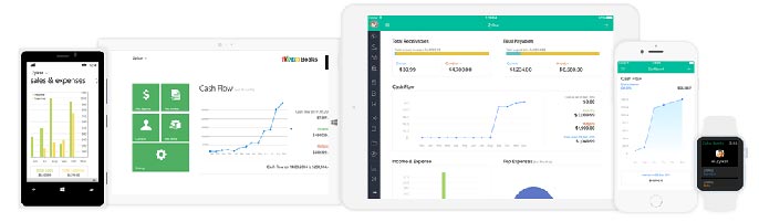 Screenshots of Zoho Books app on phones and tablets