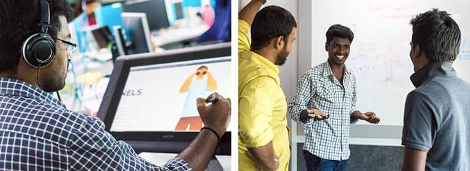 Collage of graphic designer working and Zoho employees meeting