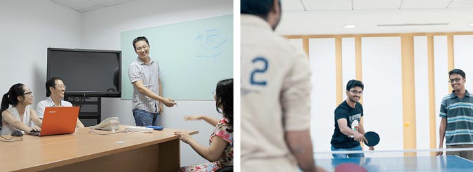 Collage of employees meeting and playing table tennis