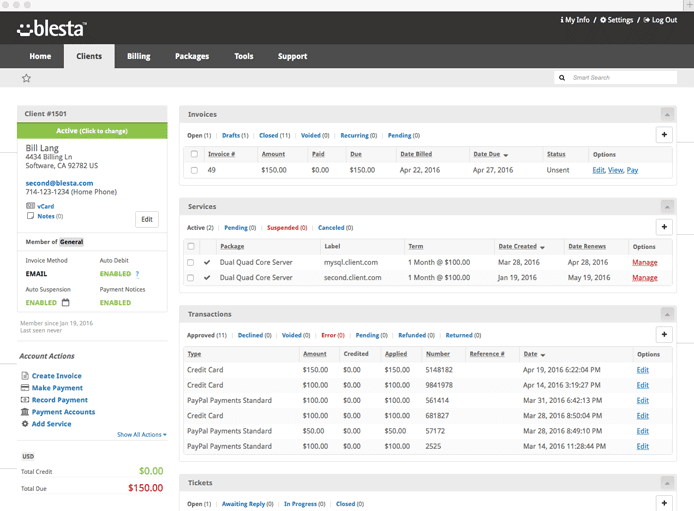Screenshot of Blesta dashboard Screenshot of Blesta dashboard