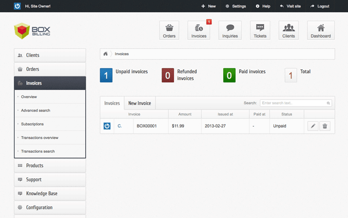 Screenshot of Boxbilling dashboard Screenshot of Boxbilling dashboard