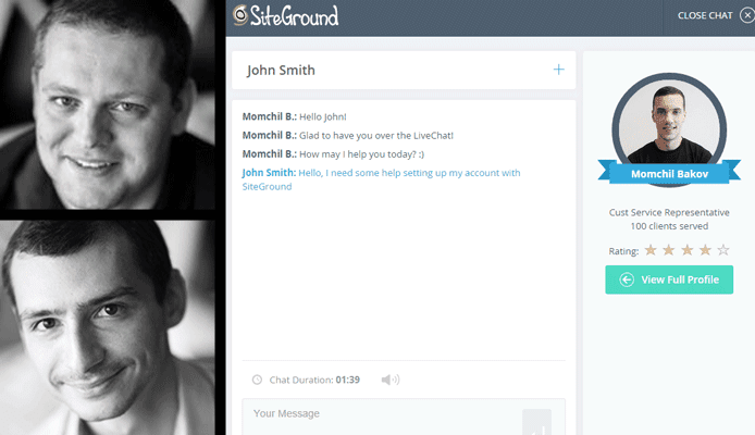 Screenshot of SiteGround live chat alongside CEO and Founder headshots Screenshot of SiteGround live chat alongside CEO and Founder headshots