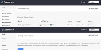 Screenshots of DreamPress dashboard showing backups and SSL certificates