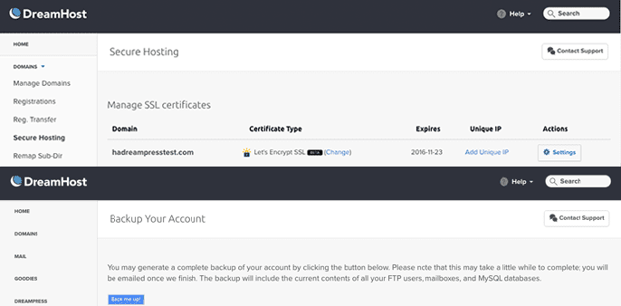 Screenshots of DreamPress dashboard showing backups and SSL certificates Screenshots of DreamPress dashboard showing backups and SSL certificates