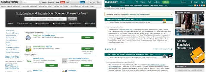 Screenshots of SourceForge and Slashdot's websites Screenshots of SourceForge and Slashdot's websites