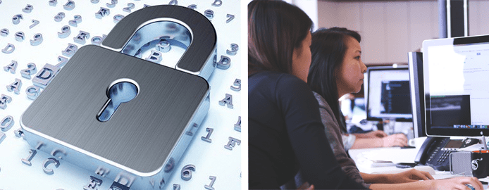 Collage of lock and business people computing Collage of lock and business people computing