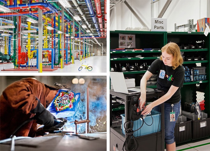 Collage of Google datacenters and employees working on them Collage of Google datacenters and employees working on them
