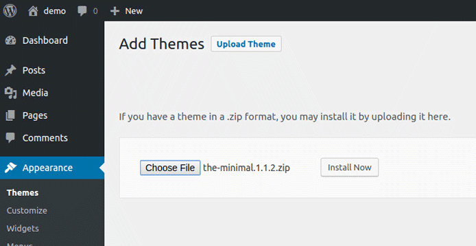 Screenshot of theme ZIP upload Screenshot of theme ZIP upload