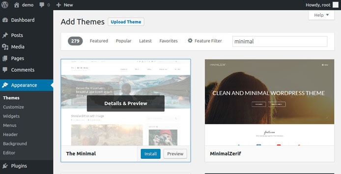 Screenshot of WordPress theme preview and install function Screenshot of WordPress theme preview and install function