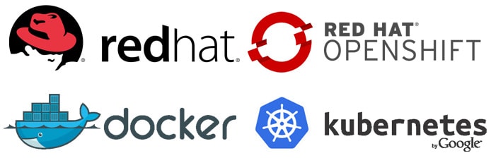 Red Hat, OpenShift, Docker, and Kubernetes logos Red Hat, OpenShift, Docker, and Kubernetes logos