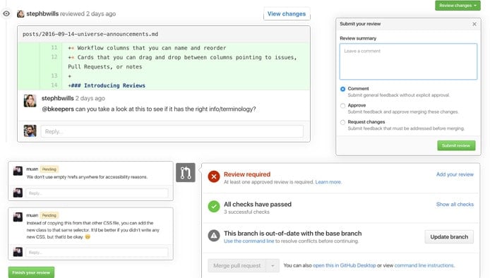 Screenshots of GitHub's code review tools Screenshots of GitHub's code review tools