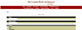Screenshot of Louisiana slave database