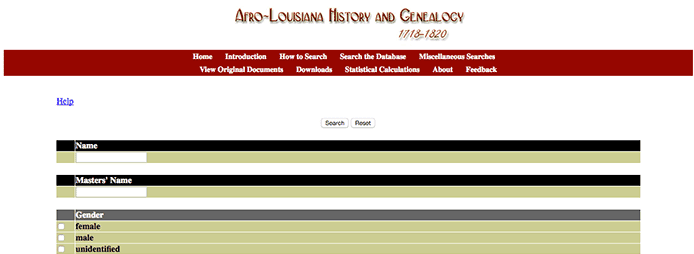 Screenshot of Louisiana slave database Screenshot of Louisiana slave database