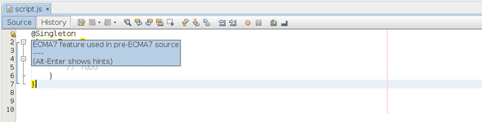 Screenshot of NetBeans ECMAScript 7 hint Screenshot of NetBeans ECMAScript 7 hint