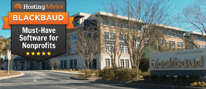 Photo of Blackbaud headquarters and HostingAdvice award badge