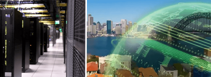 Photo of datacenter and graphic of digital globe Photo of datacenter and graphic of digital globe