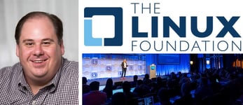 Portrait of Mark Hinkle with Linux logo and event photo Portrait of Mark Hinkle with Linux logo and event photo