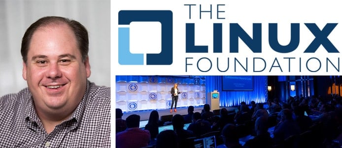 Portrait of Mark Hinkle with Linux logo and event photo Portrait of Mark Hinkle with Linux logo and event photo