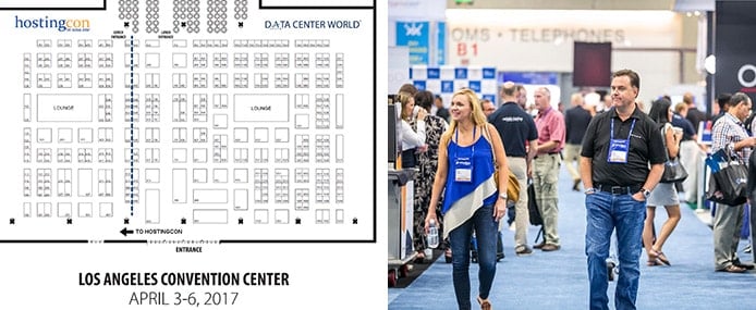 Exhibit hall floor plan and photo of people walking through exhibit hall