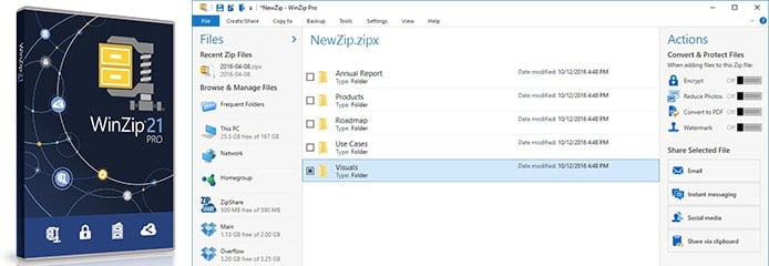Screenshot of WinZip 21 program with product box Screenshot of WinZip 21 program with product box