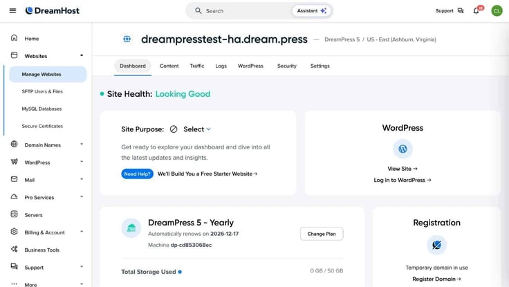 DreamHost DreamPress dashboard DreamHost DreamPress dashboard