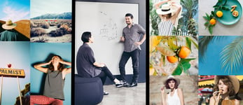 Photo collage of Squarespace templates and members of the Squarespace team
