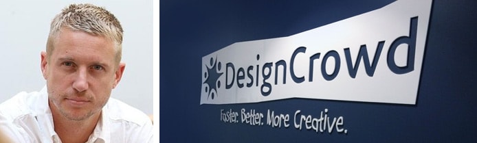 Portrait of Alec Lynch next to DesignCrowd logo in their office