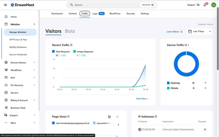 DreamHost traffic analytics tab DreamHost traffic analytics tab