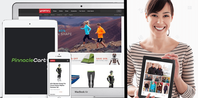 Collage of devices showing PinnacleCart eCommerce sites and a woman holding a tablet Collage of devices showing PinnacleCart eCommerce sites and a woman holding a tablet