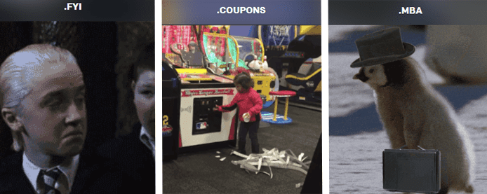 Collage of Harry Potter character Malfoy with .fyi TLD, child winning tickets with .coupons TLD, and a penguin chick with a tophat and briefcase with .mba TLD
