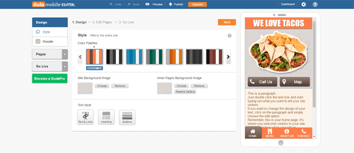 Screenshot of Duda mobile builder