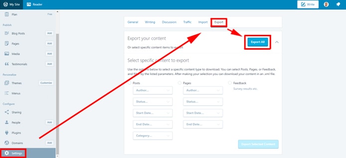 Screenshot showing how to export content from WP.com Screenshot showing how to export content from WP.com