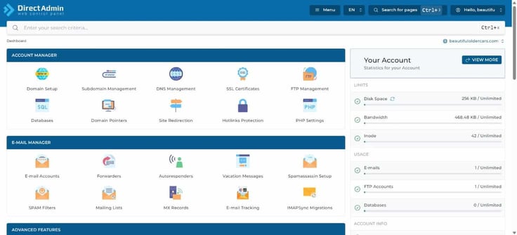 DirectAdmin dashboard DirectAdmin dashboard