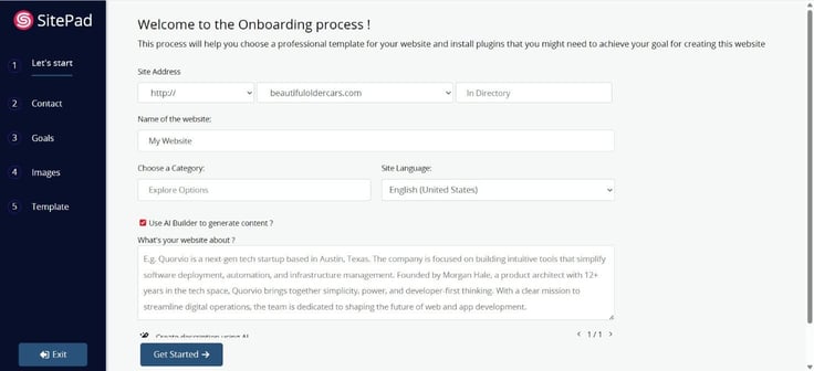 SitePad onboarding interface SitePad onboarding interface