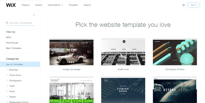 Screenshot of Wix templates