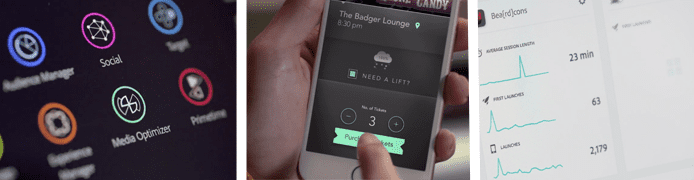 Collage of the Marketing Cloud UI, a consumer making a purchase on a cell phone, and a screenshot of the Analytics Cloud dashboard