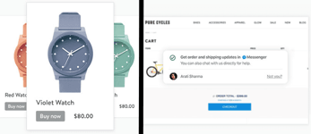 Screenshots of Shopify Lite Buy Now buttons on watches and Facebook Messenger conversation