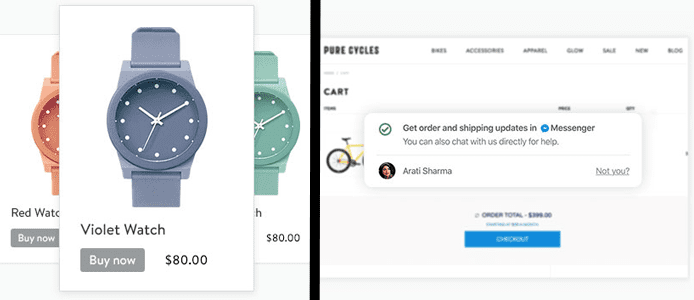 Screenshots of Shopify Lite Buy Now buttons on watches and Facebook Messenger conversation Screenshots of Shopify Lite Buy Now buttons on watches and Facebook Messenger conversation