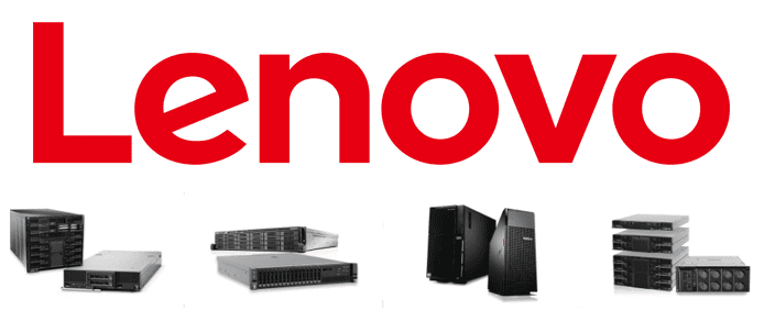 Collage of Lenovo logo and server portfolio Collage of Lenovo logo and server portfolio