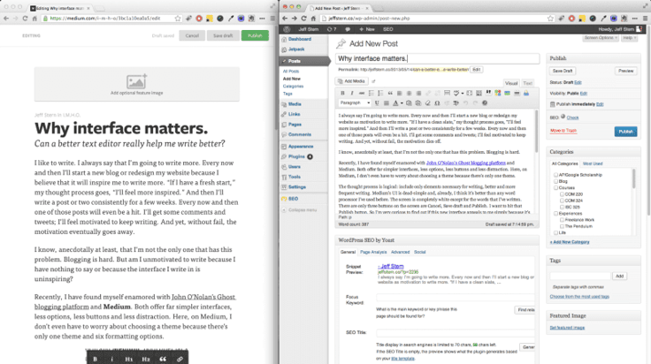 Screenshots of Medium and WordPress interfaces