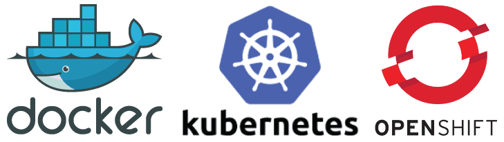 Docker, Kubernetes, and OpenShift logos Docker, Kubernetes, and OpenShift logos