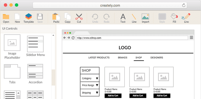 Screenshot of Creately wireframe software UI Screenshot of Creately wireframe software UI