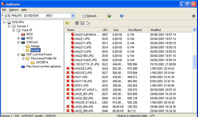 Screenshot of data recovery in IsoBuster Screenshot of data recovery in IsoBuster