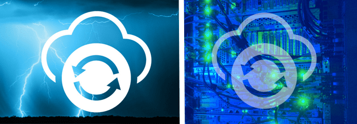 Collage of a thunderstorm, a server, and ViaWest's diaster recovery logo Collage of a thunderstorm, a server, and ViaWest's diaster recovery logo