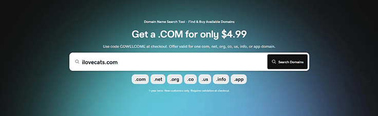 Screenshot of GoDaddy domain search feature Screenshot of GoDaddy domain search feature
