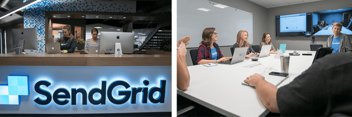Photo collage of the SendGrid team at work in the office Photo collage of the SendGrid team at work in the office