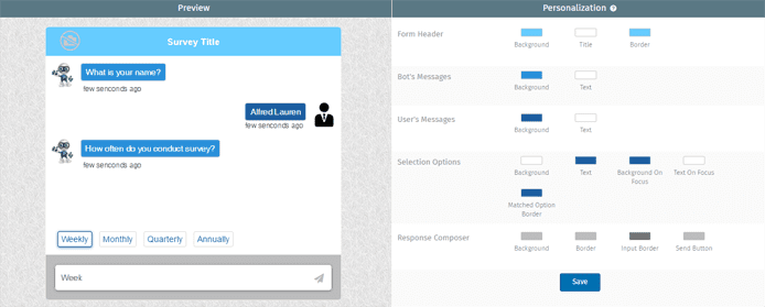Screenshot of the design tab in the Conversation Forms UI Screenshot of the design tab in the Conversation Forms UI