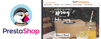 Collage of the PrestaShop logo and screenshot of SelfPackaging's website